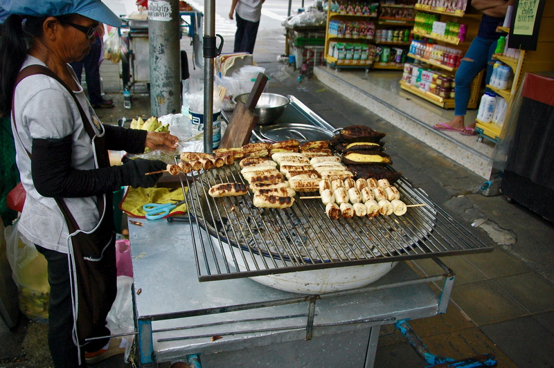 2K, incidental people, preparation, bangkok, food and drink, for sale, store, banana grilled, standing, people, barbecue, market, occupation, meat, retail