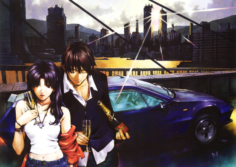 Neon Genesis Evangelion, supercars, cityscape, couple, classic car, anime girls, Katsuragi Misato, anime, 5K, Super Car, city, sports car, Renault, old car