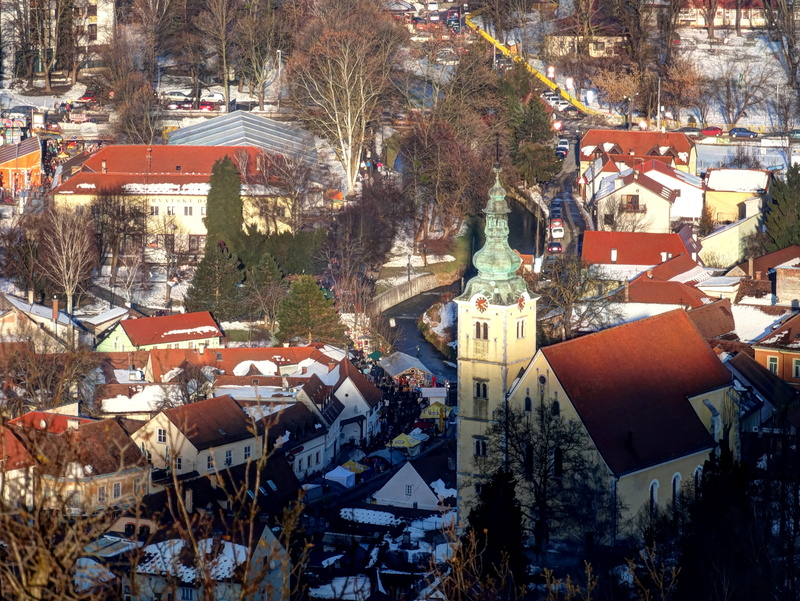 no people, building, built structure, outdoors, tree, nature, snow, roof, residential district, blue, townscape, croatia, high angle view, architecture