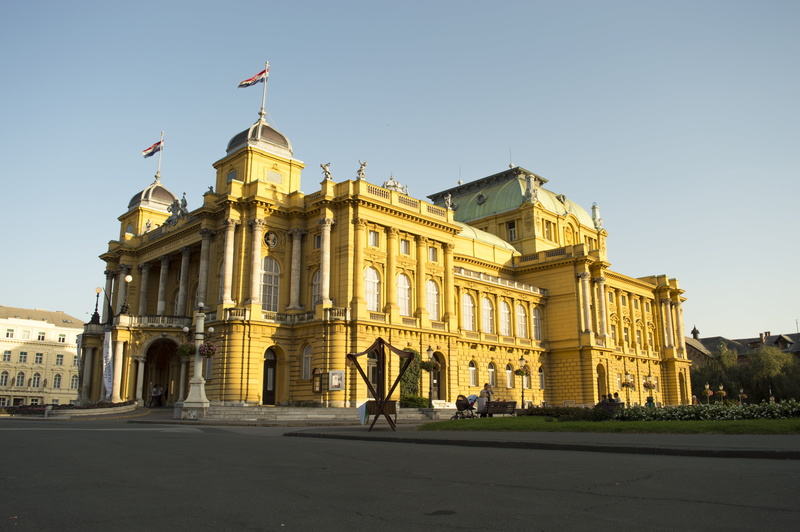 theater, travel destinations, baroque, building, national theater, sunny, outdoors, zagreb, sky, culture, built structure, old, clear sky, tourism, politics