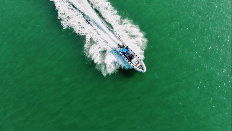 wave, splashing, blue, ocean, nautical vessel, powerboat, boat, fast boat, sea, men, day, nature, rib, outdoors, summer, wake - water, transportation, real people