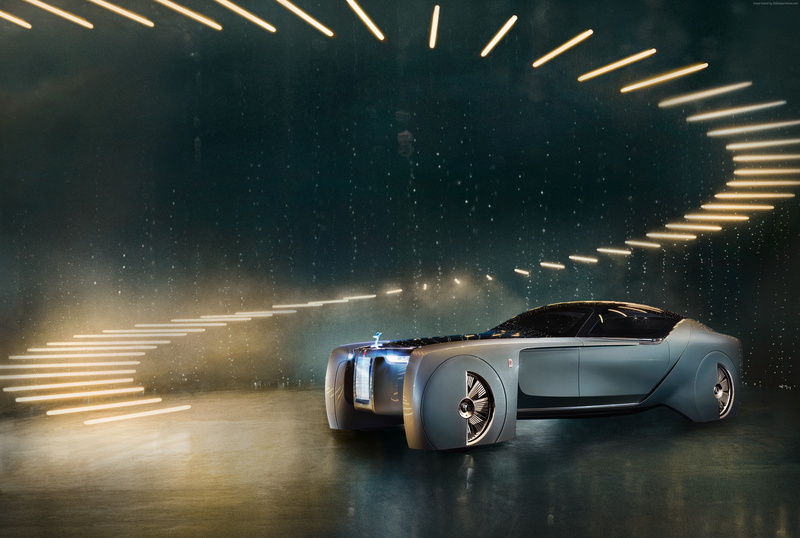 car, architecture, retro styled, motor vehicle, Rolls-Royce Vision Next 100, no people, motion, blurred motion, travel, reflection, futurism, night, 4K