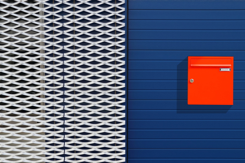 box, architecture, textured, wall - building feature, safety, outdoors, built structure, blue, door, pattern, red, blue facade, 5K, structure, no people