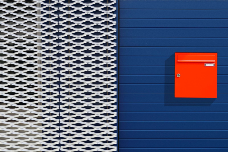 expanded metal, home, close-up, building, facade, metal, red, textured, shape, door, entrance, day, blue, safety, backgrounds, mailbox, structure, built structure