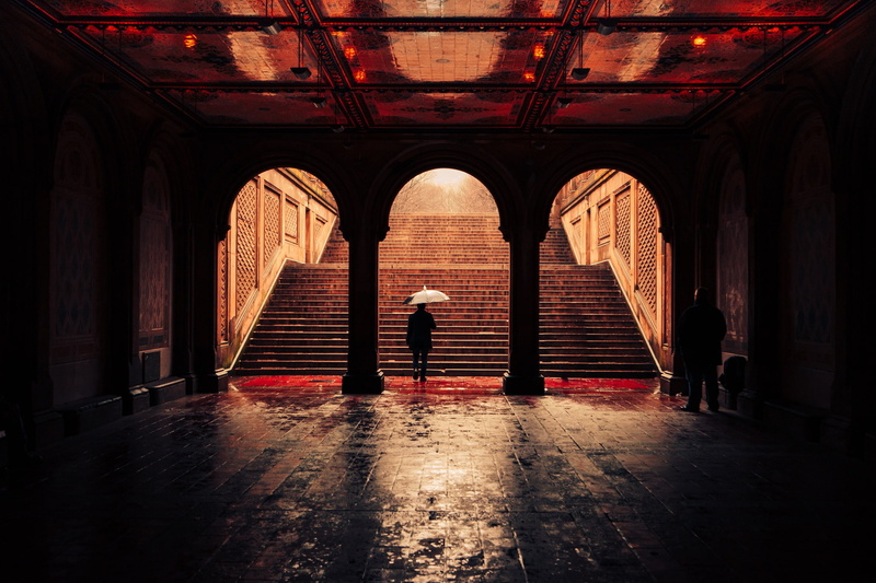 New York, umbrella, United States, 1080P, Central Park, Bethesda Terrace Arcade, raining, man