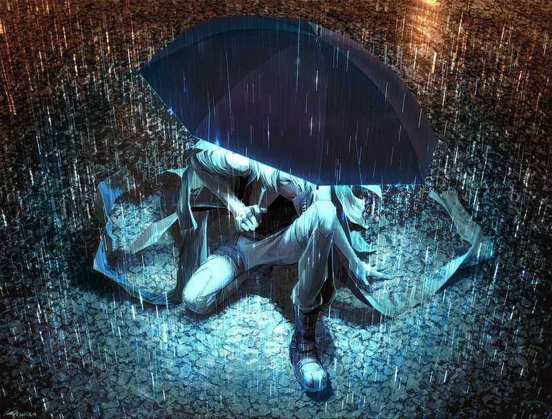 night, umbrella, blue, man, puddles, yuanmaru, 1080P, rain, light