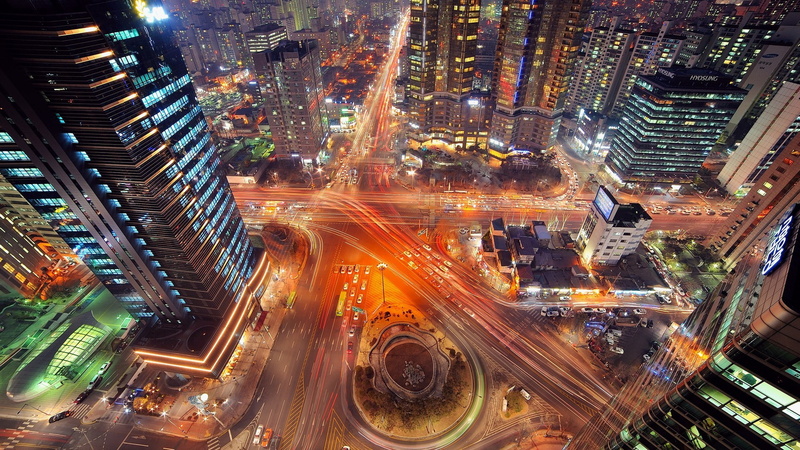 highway, city, light trails, night, road, Seoul, 1080P, landscape, long exposure, intersections