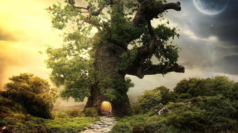 1080P, fantasy, moon, entrance, trees, planet, stairs, sky, light, green