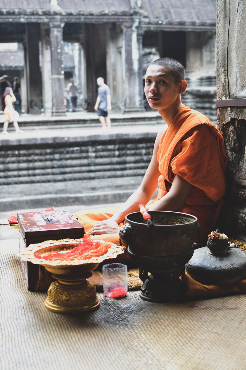 monk, travel, casual clothing, cambodia, day, belief, preparation, buddhist, orange, 4K, sitting, man, attire, men, s, lifestyles, sat, incidental people