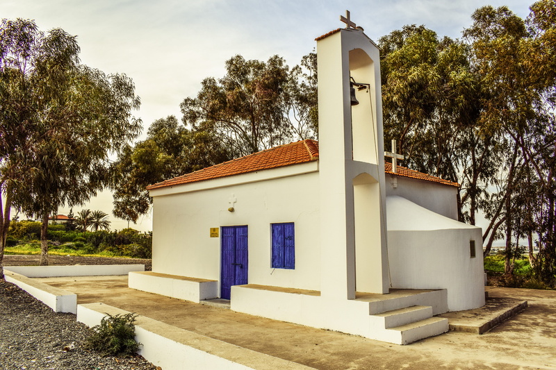 architecture, entrance, 5K, tree, building, rural scene, outdoors, paralimni, cyprus, christianity, blue, building exterior, sky, nature, plant, built structure