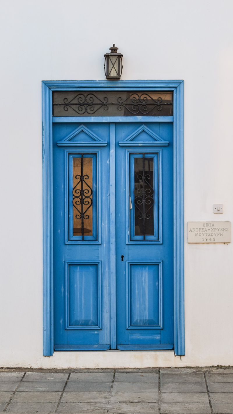 building exterior, no people, door, front view, protection, paralimni, old, day, window, wooden, city, security, traditional, blue, house, entrance, lighting equipment