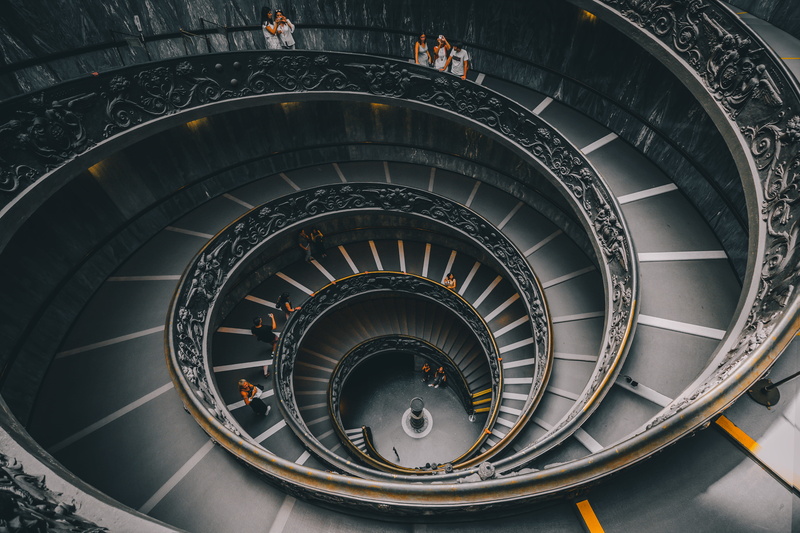 step, spiral, building Exterior, circle, urban, pattern, grand, shape, dark, architecture, built Structure, famous Place, railing, stair, spiral Staircase