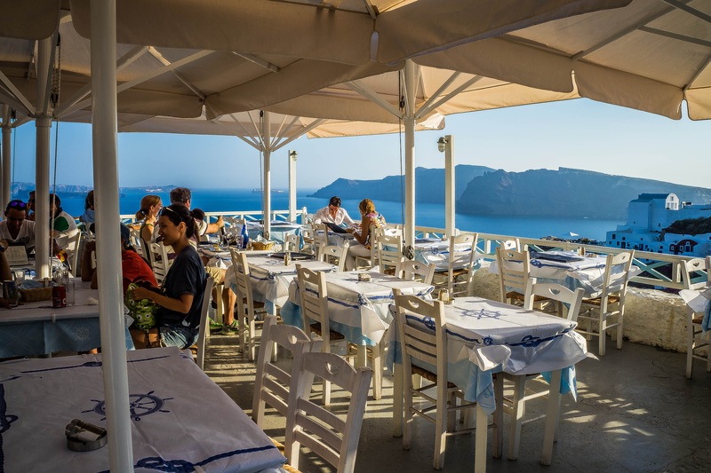women, nature, mediterranean, seat, men, sea, Greece, architecture, rooftop, sky, group of people, outdoors, table, couple - relationship, leisure activity