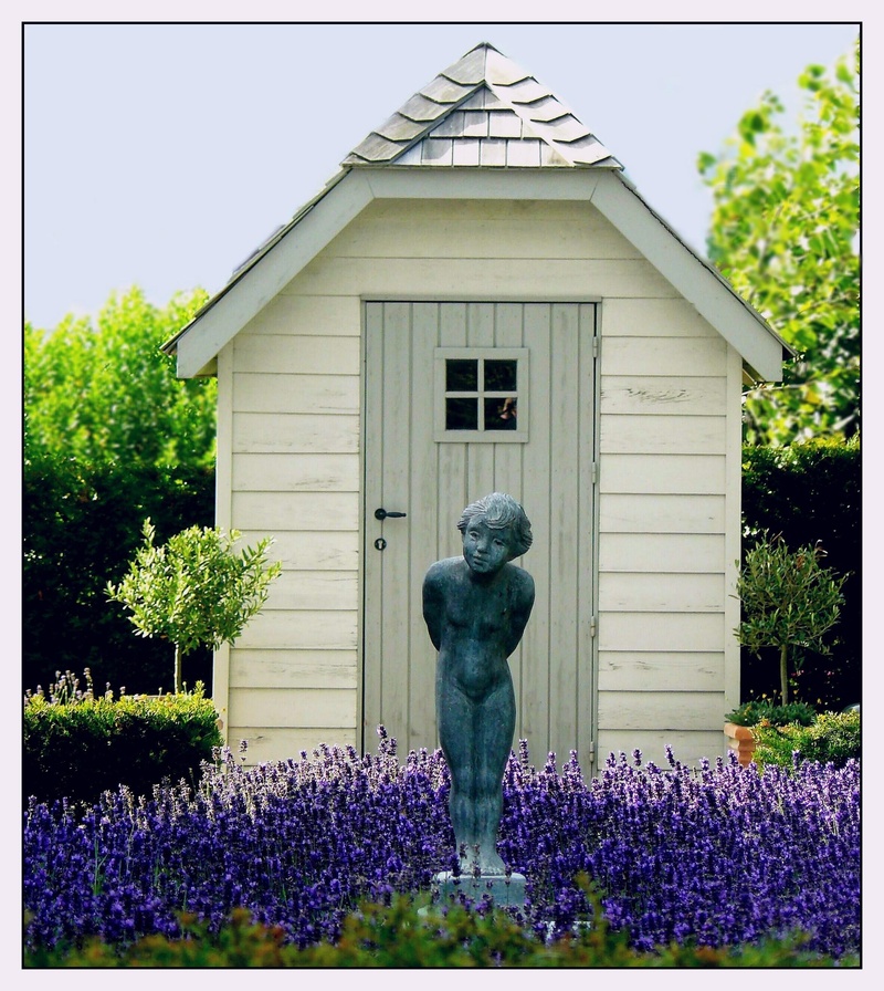 blossom, building exterior, figure, art and craft, creativity, white, flower, flowering plant, nature, architecture, garden figurines, bed, garden shed