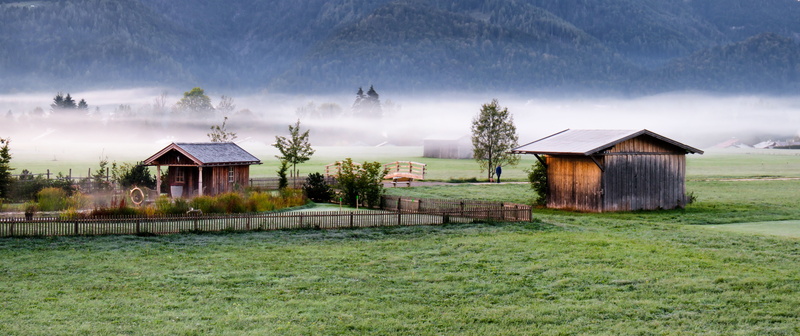 rural, sky, grass, no people, fog, mood, land, building, hoarfrost, autumn, panorama, architecture, farm, agricultural building, meadow, wooden, garden