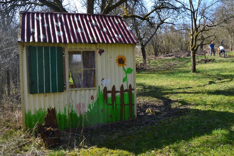 day, garden shed, building, door, land, architecture, entrance, hut, green color, outdoors, nature, plant, sunlight, tree, no people, growth, window, house