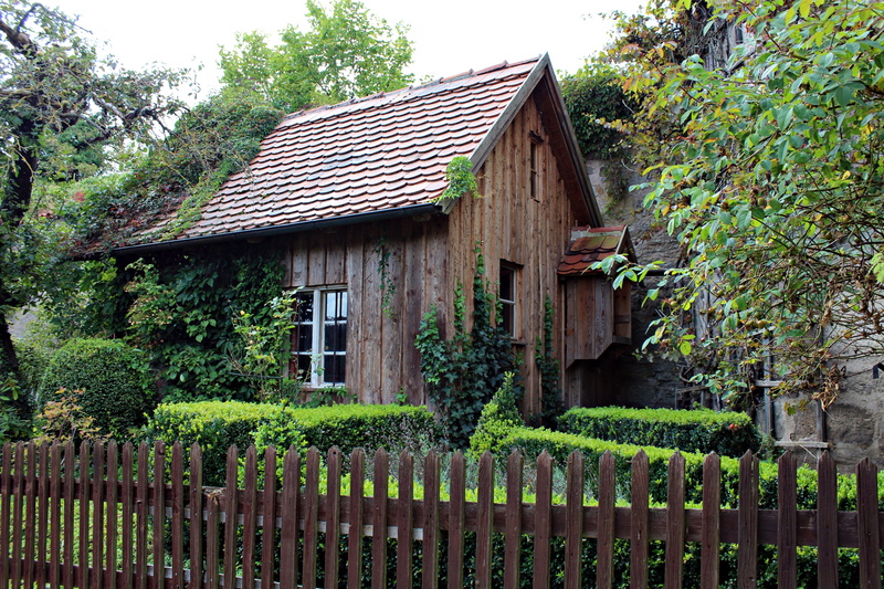 wooden, green, landscape, roof, old wooden hut, cottage, tree, no people, garden shed, surrounded, beautiful, romantic, trees, built structure, growth