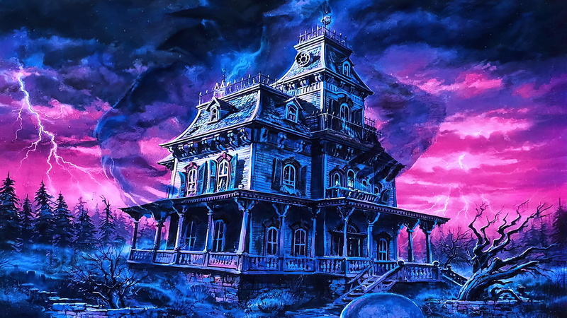 clouds, painting, 1080P, lightning, artwork, Disneyland, trees, Dan Goozee, Haunted Mansion