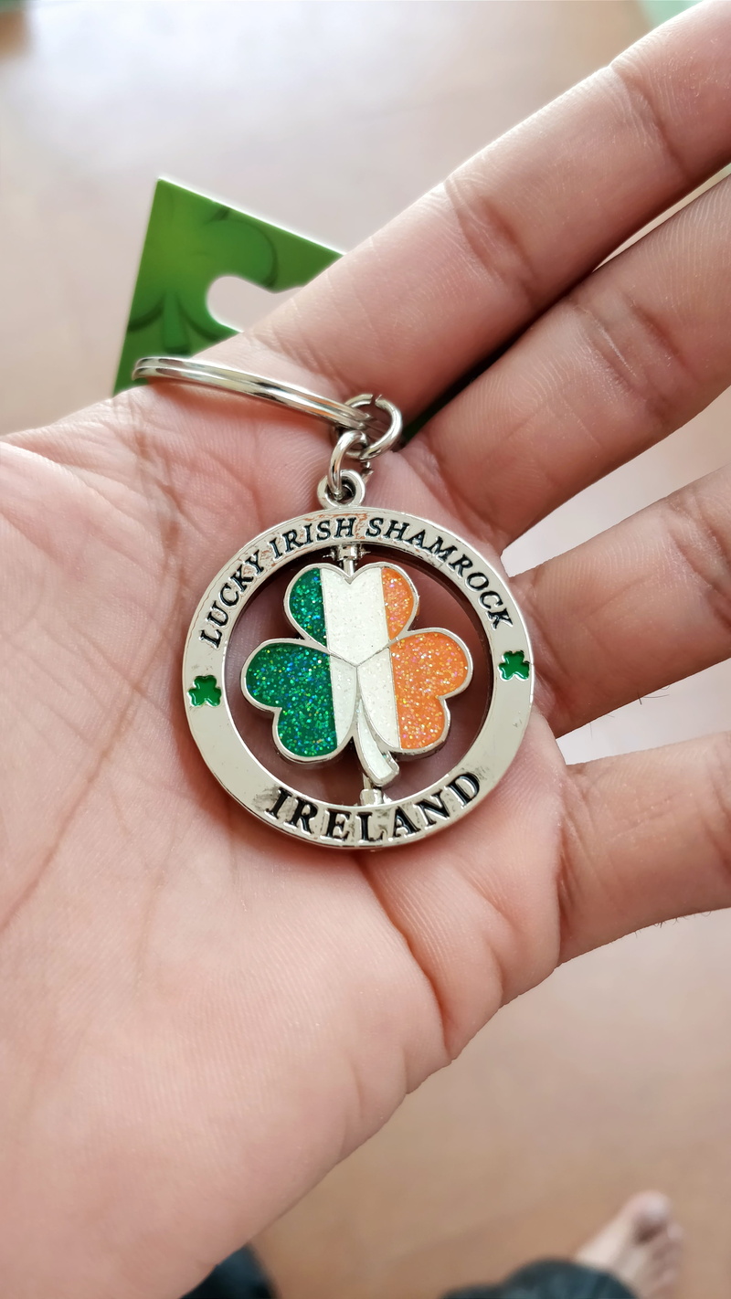 close-up, shamrock, human body part, personal perspective, one person, key chain, leaf, holding, jewelry, focus on foreground, irish, women, indoors, hand
