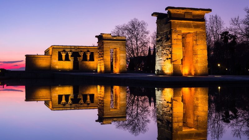 waterfront, building exterior, temple of debod, egyptian, nature, no people, water, purple, 1080P, sky, reflection, ancient civilization, history, historic site