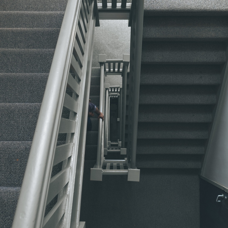 step, moving up, railing, railhand, directly above, railings, spiral, high angle view, white, walking, architecture, structure, grey, building, 2K, floor