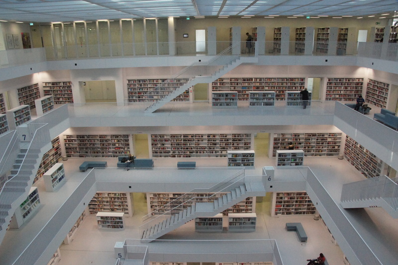 staircase, railing, university, stairs, indoors, steps and staircases, high angle view, incidental people, people, gradually, city library, stuttgart, spiral