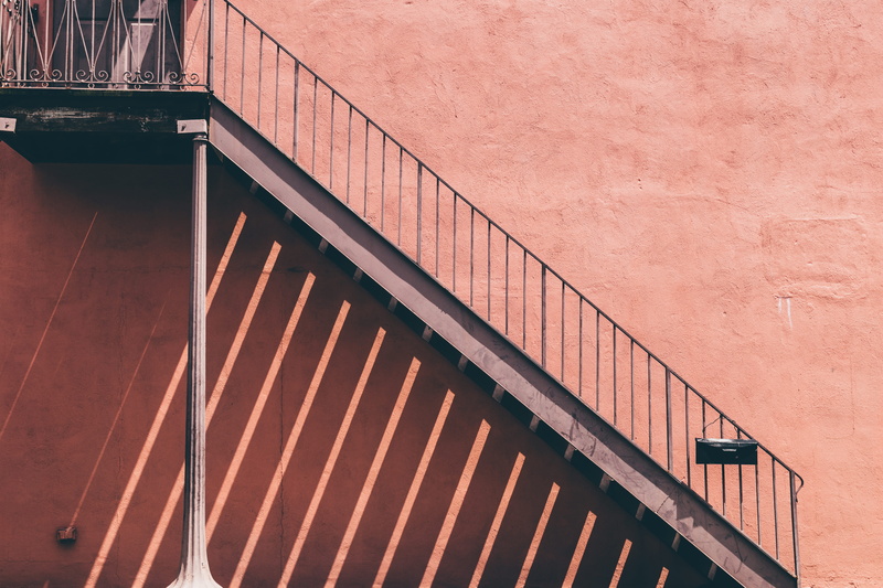 ornate stair, building exterior, gray, stair, building, fire escape, pink, steps and staircases, step, structure, architecture, stainless, photo, photography