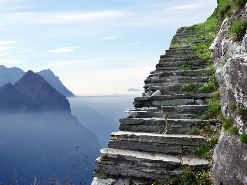 rock - object, landscape, fog, mountain range, stairs, rock formation, 2K, outdoors, gray, tranquil scene, cloud - sky, lake, non-urban scene, tranquility