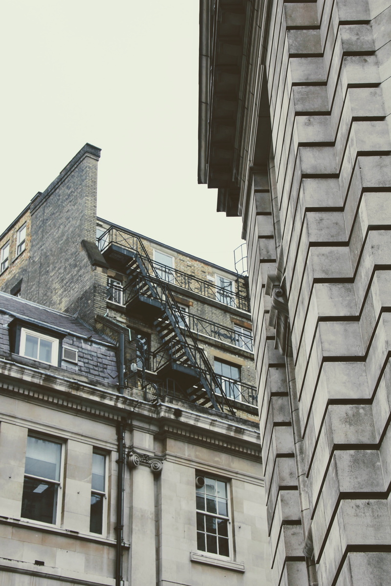 clear sky, fire escape, day, city, building exterior, outdoors, apartment, low angle view, 4K, old, staircase, window, london, facade, residential district