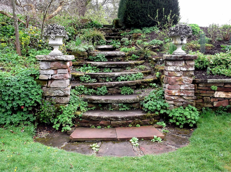 architecture, stone material, staircase, plants, tree, abandoned, green color, pillars, brown, no people, built structure, stack, growth, solid, front or back yard