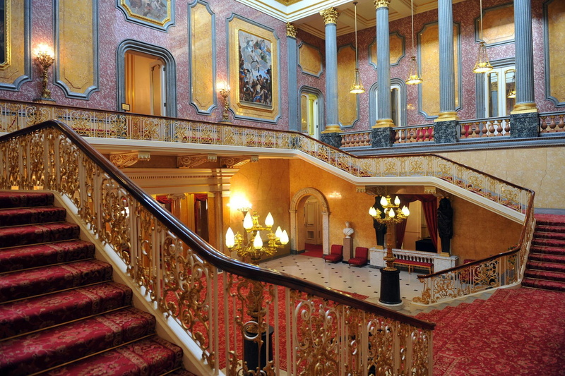 ornate, railing, travel destinations, steps and staircases, lujo, history, interior, balustrade, the past, lighting equipment, empty, low angle view, building