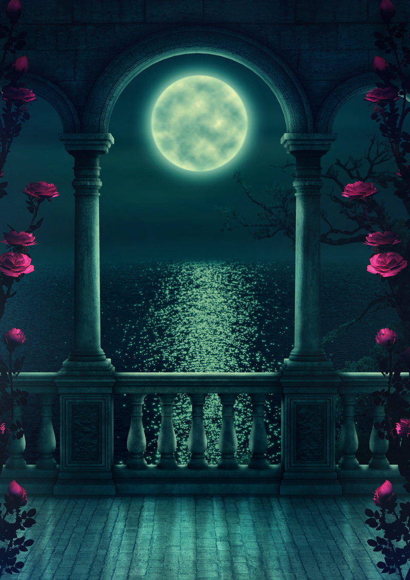 gorgeous, atmosphere, no people, architectural column, flower, emotion, building exterior, balustrade, building, architecture, water, plant, moonlight