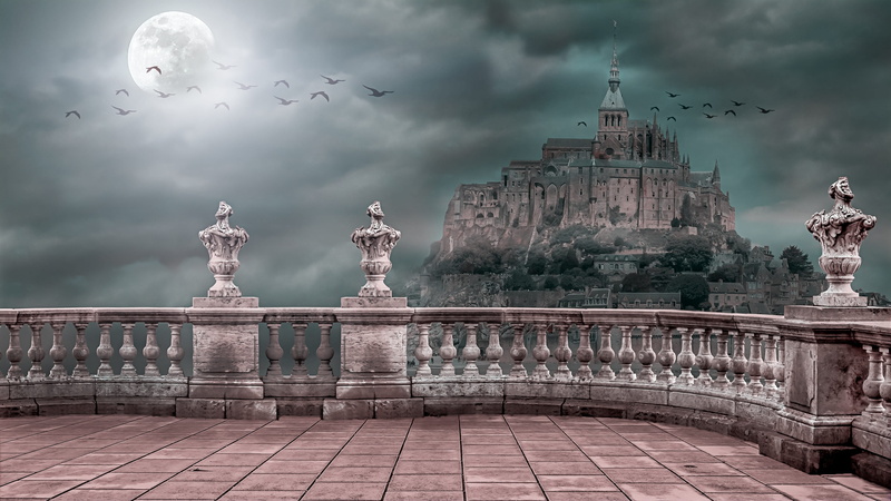 building exterior, clouds, sky, history, travel destinations, landscape, 4K, art and craft, architecture, cloud - sky, the past, mont st michel, moon