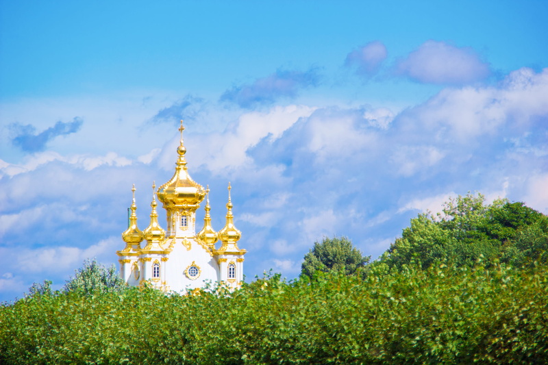 golden, antique, petrodvorets, outdoors, summer, petergof, building, blue, peter, saint, ornate, plant, peterhof, tree, st, building exterior, gold, wealth