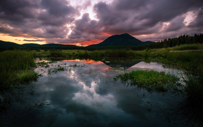black, desktop, 2K, hd, sky, clouds, dark, auvergne, behind, france, famous, volcano, sunset