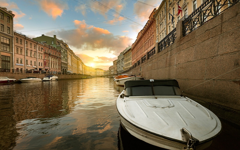 Boat, 1080P, Moika, st, Russia, Houses, River, Petersburg