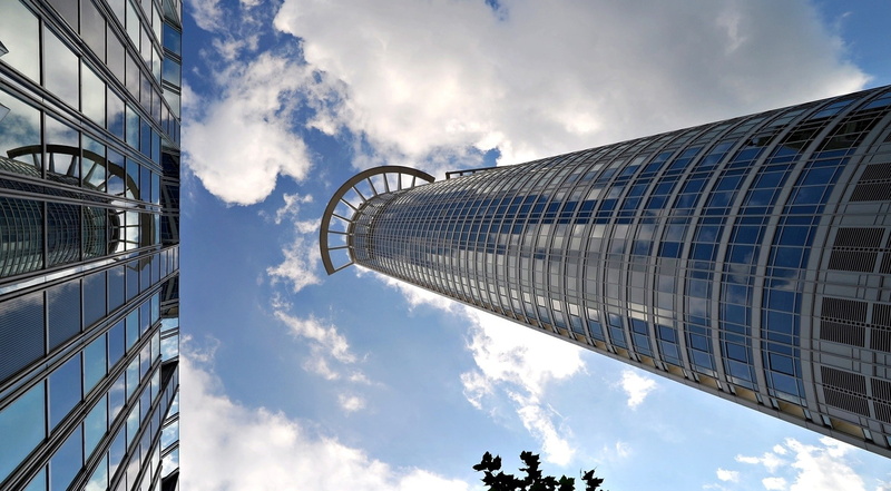1080P, built structure, glass - material, skyscraper, reflection, worms eye view, no people, outdoors, day, low angle view, cloud - sky, sky, building