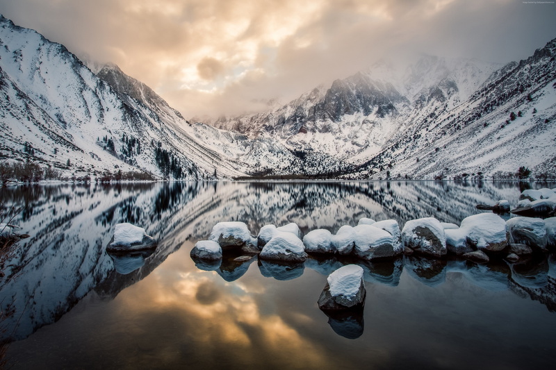 ice, 4K, Convict Lake, Mount Morrison, lake, sunset, California, snow, river, Mountains, 4k