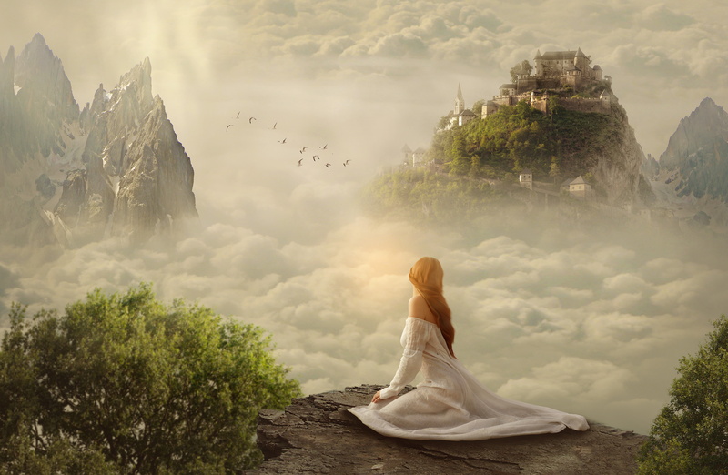 Dream, Clouds, Woman, Cliff, 4K, 4K, Castle, Girl, Mountains