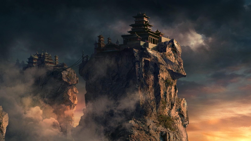 clouds, 1920x1080, grey, 1080P, temple, fantasy, castle, cloud, cliff