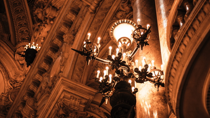 religion, craft, spirituality, opera house, opéra, fixture, electric lamp, illuminated, ceiling, inside, theatre, creativity, low angle view, belief, candle