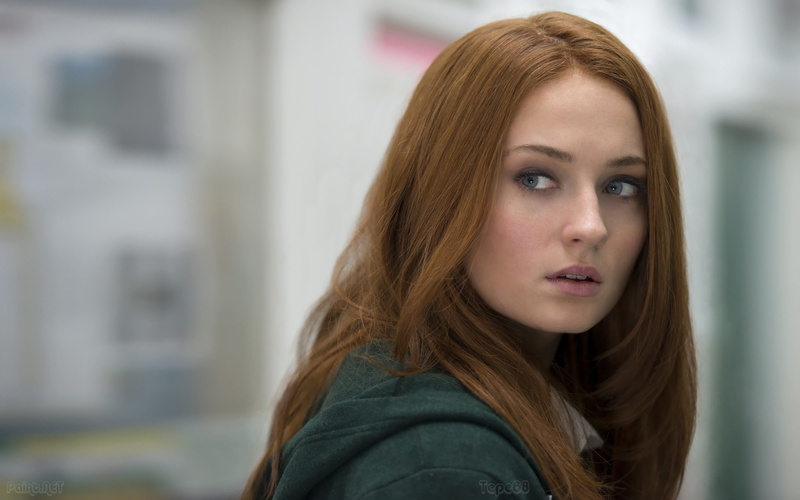 portrait, redhead, 2K, hair, brown hair, women, blue eyes, adult, one person, beautiful woman, green, s, focus on foreground, beauty, Sophie Turner, contemplation