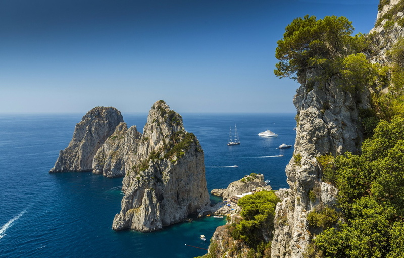 Sea, 1080P, Tree, Rock, Italy, Boat, Capri, Photography, Horizon, Ocean