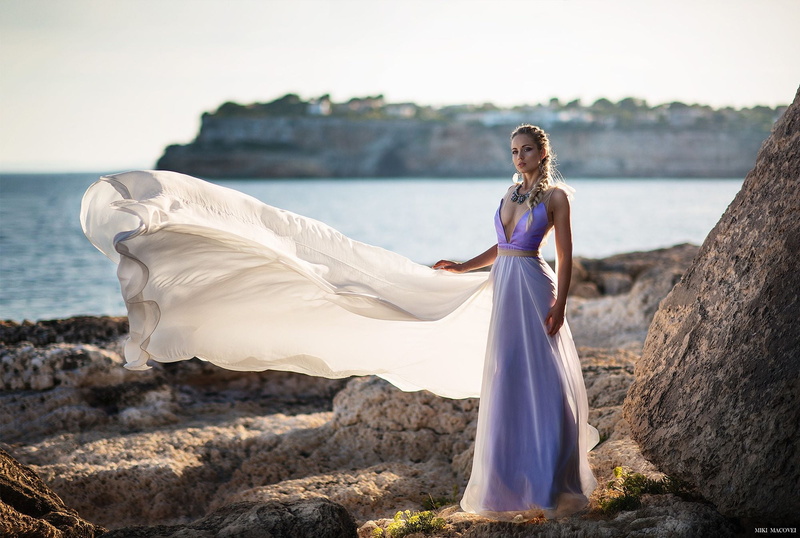 1080P, white, dress, braids, rocks, purple clothing, nature, jewelry, women, Venkara Capris, blonde, cleavage, Miki Macovei, necklace, long hair, water