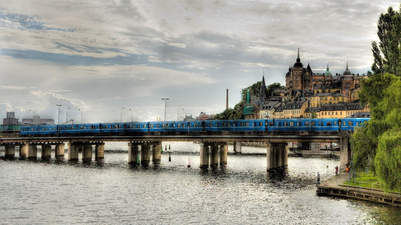 hdr, Cityscape, Sweden, 1080P, river, architecture, clouds, Trees, bridge, Train, Metro, Old Building, Stockholm