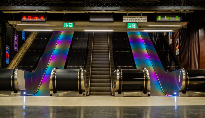 5K, rainbow, tube, technology, escalator, slow, glowing, colors, tube station, modern, night, speed, metro, stockholm, blue, communication, colorful, illuminated