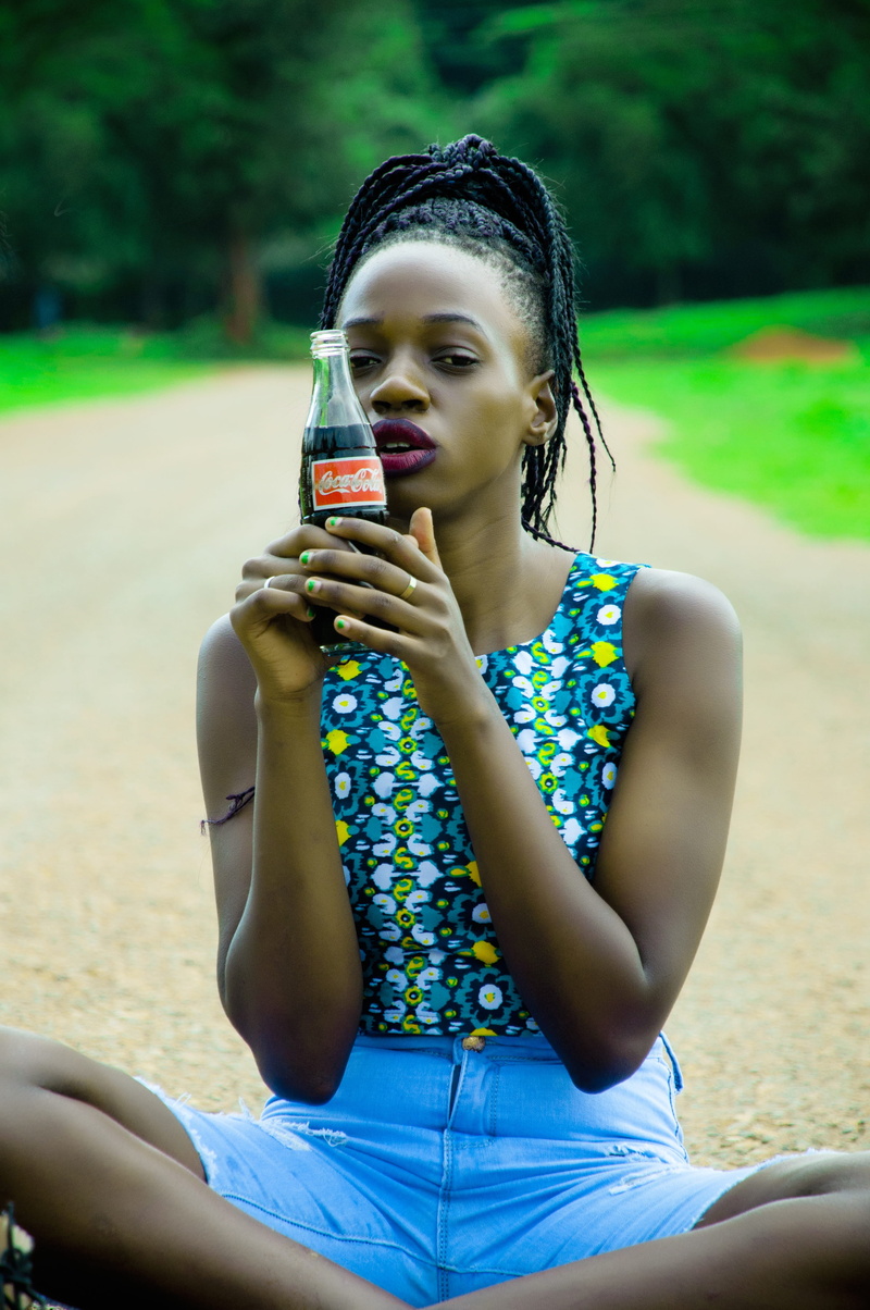 front view, beverage, drink, sitting, coca-cola, adult, outdoors, portrait, soda, 4K, young women, beauty, three quarter length, coke, model, real people
