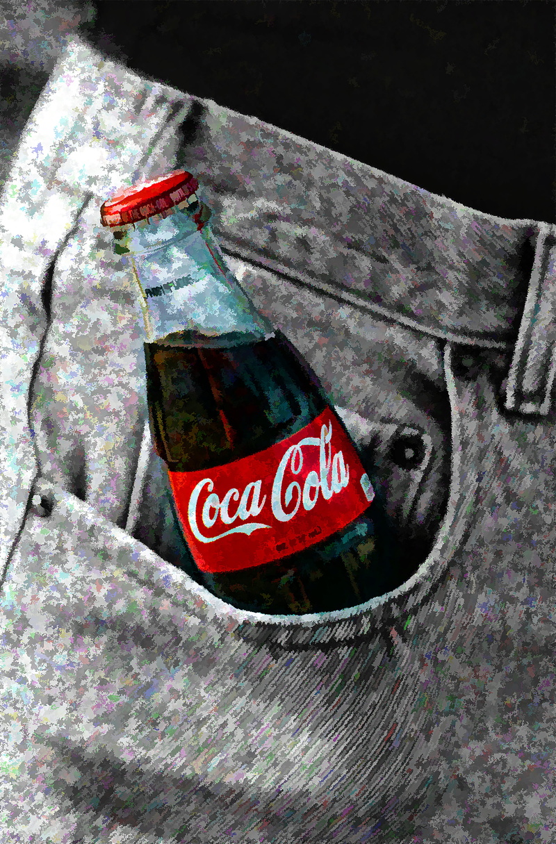 information, cola, soda, sign, jeans, text, coke, bottle, label, western script, sack, close-up, beverage, coca cola, indoors, 5K, personal accessory