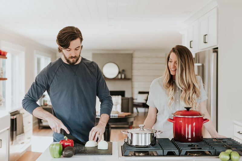 knife, chop, kitchen, cooking pan, appliance, home, meal, two people, cooker, le creuset, young adult, cut, shelf, person, 4K, dish, preparing food, room