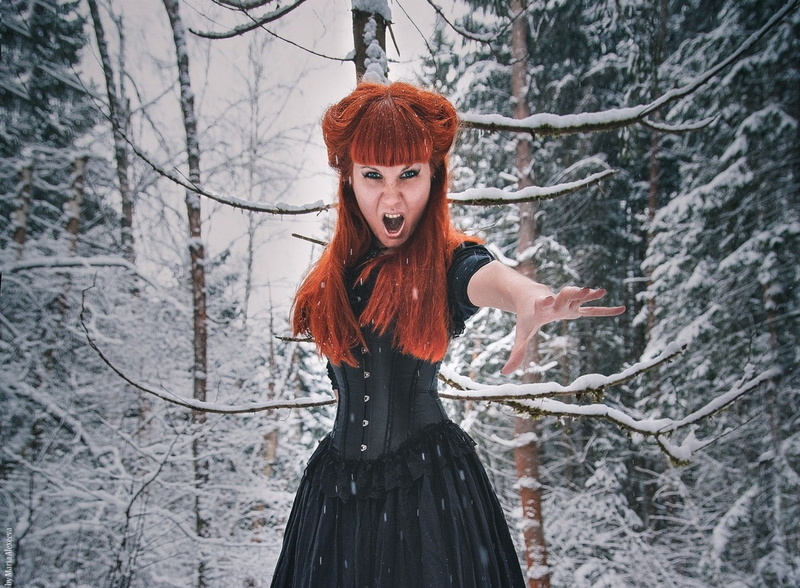 redhead, winter, model, 480P, Maria Gracheva, fantasy girl, trees, corset, women